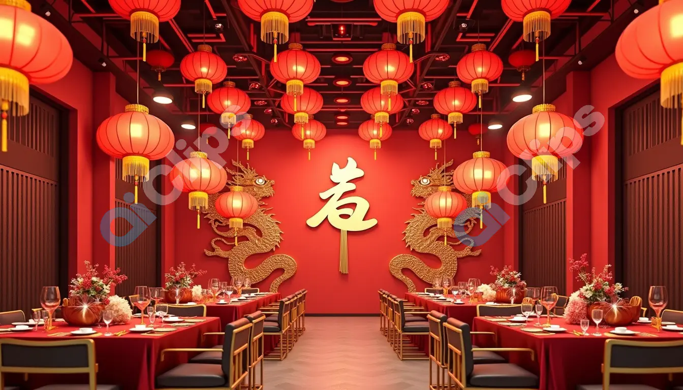 Chinese New Year Banquet with Red Lanterns and Golden Dragons