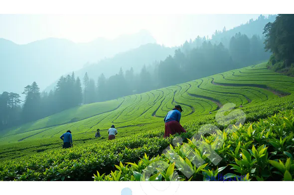 Tea Workers Harvesting in a Misty Plantation