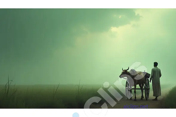 Indian Farmer with Bullock Cart in Misty Green Fields