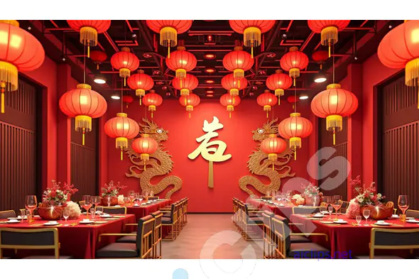 Chinese New Year Banquet with Red Lanterns and Golden Dragons