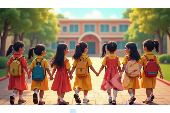 Group of Schoolgirls Walking Hand in Hand