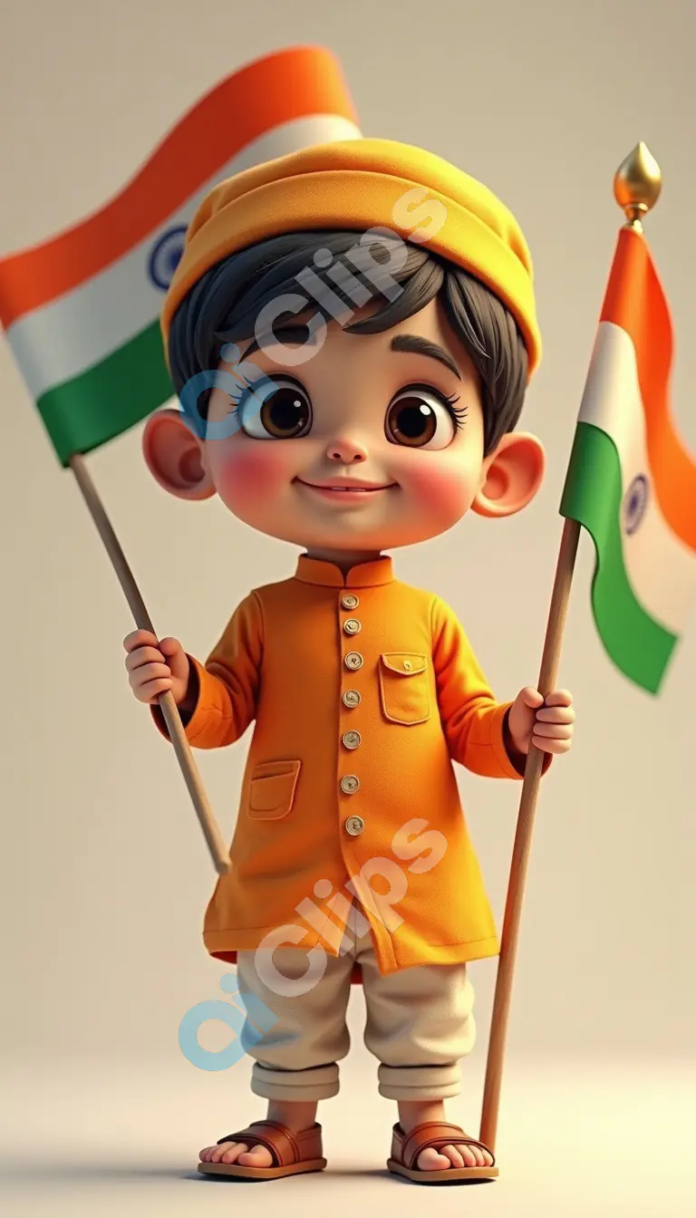 Patriotic Cartoon Indian Boy Holding National Flags