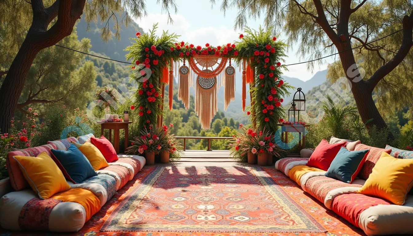 Bohemian Outdoor Wedding Setup with Macrame and Floral Decor