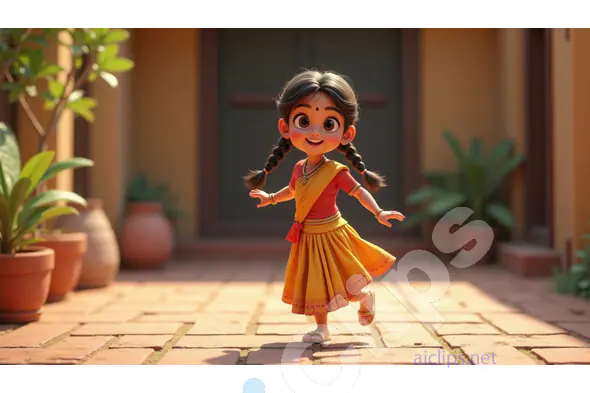 Happy Village Girl in Courtyard - 3D Traditional Life Illustration