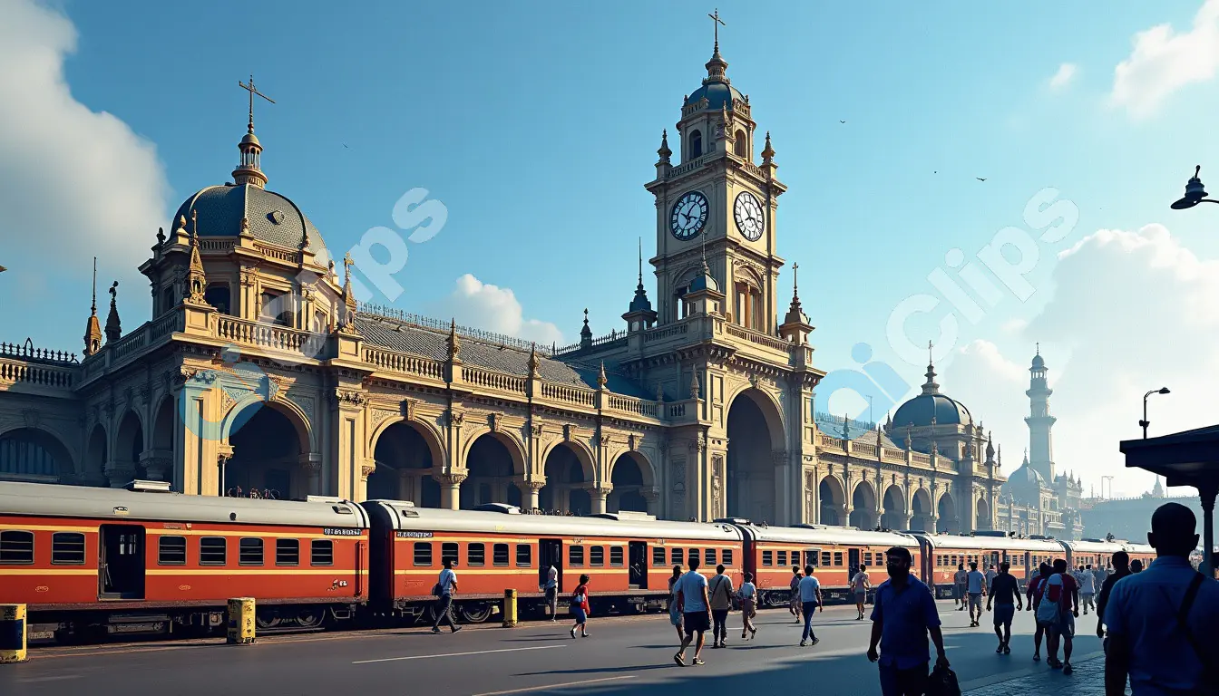Grand Indian Railway Station with Clock Tower and Vintage Trains