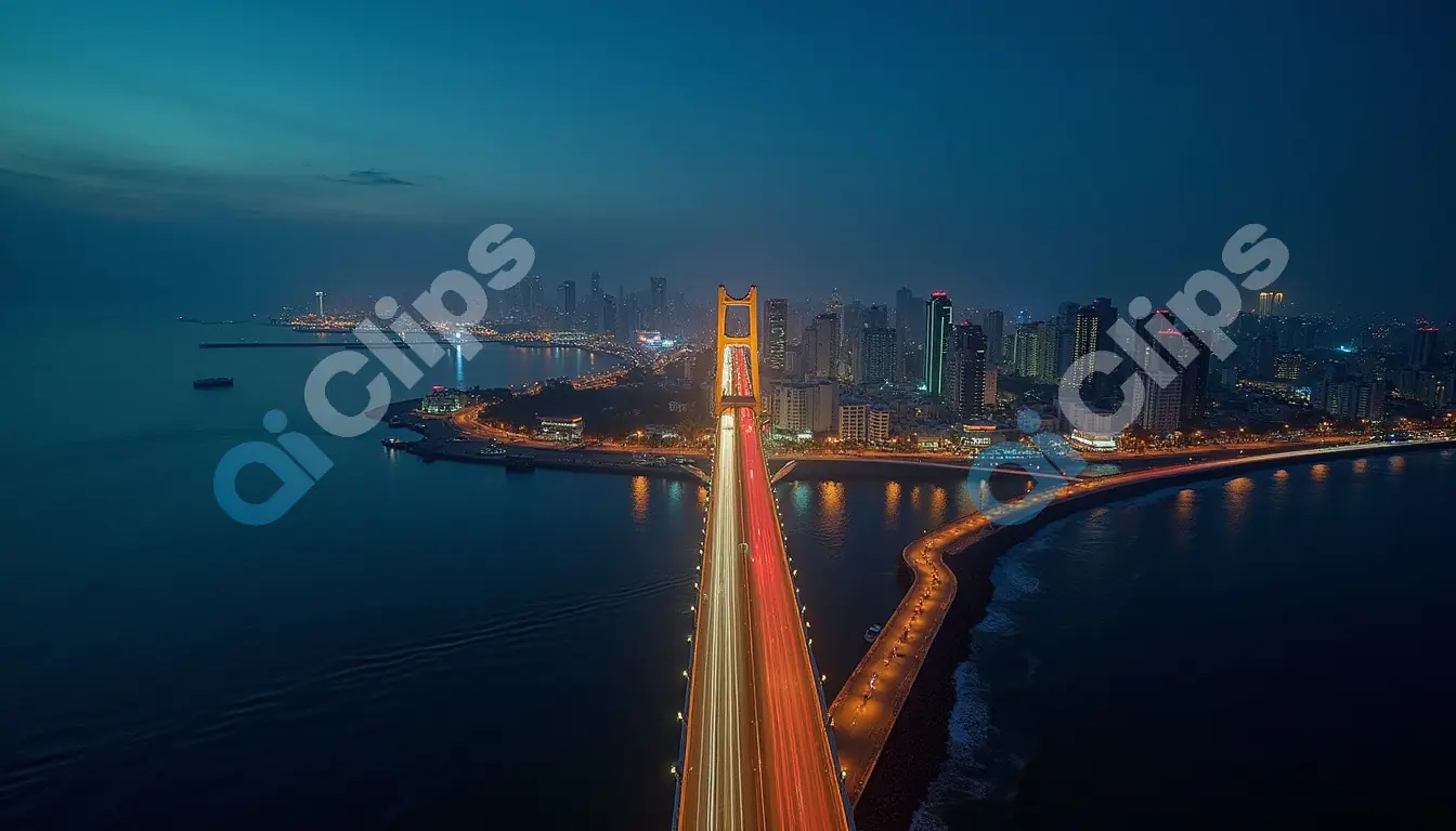 Aerial Night View of City Bridge and Skyline
