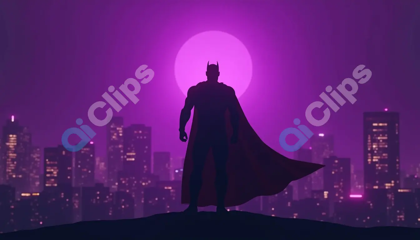 Superhero Silhouette Against Purple City Skyline