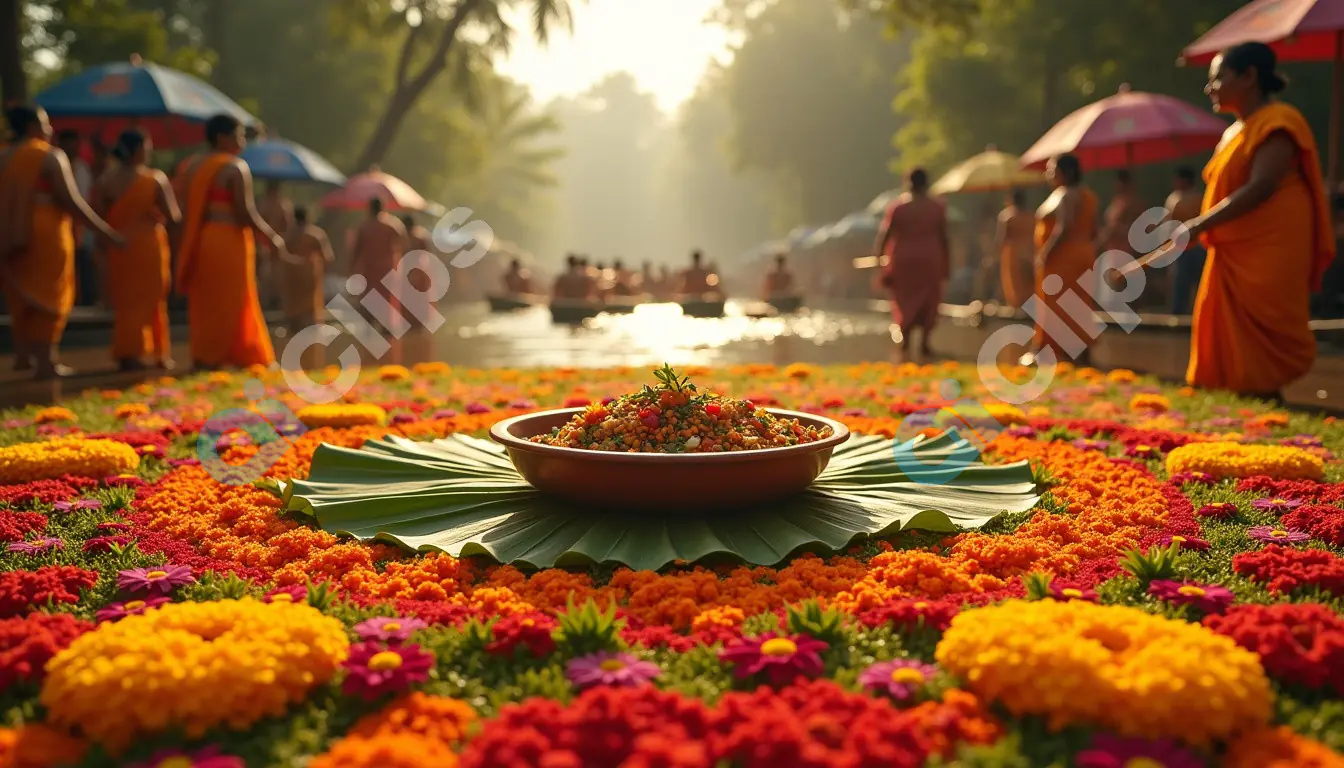 Traditional Indian Onam Festival with Floral Rangoli and Cultural Celebrations