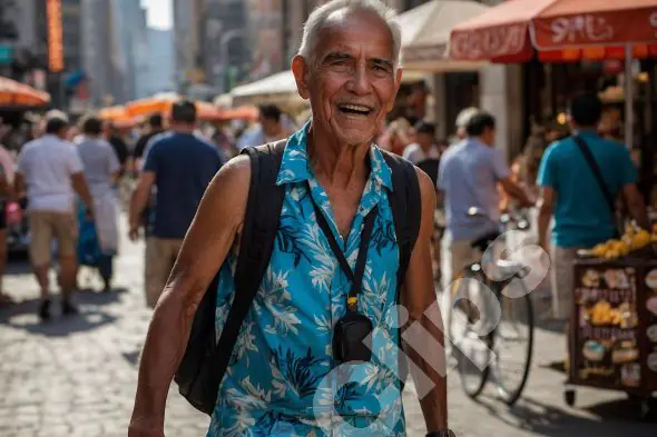 Happy Tourist in a Bustling Market