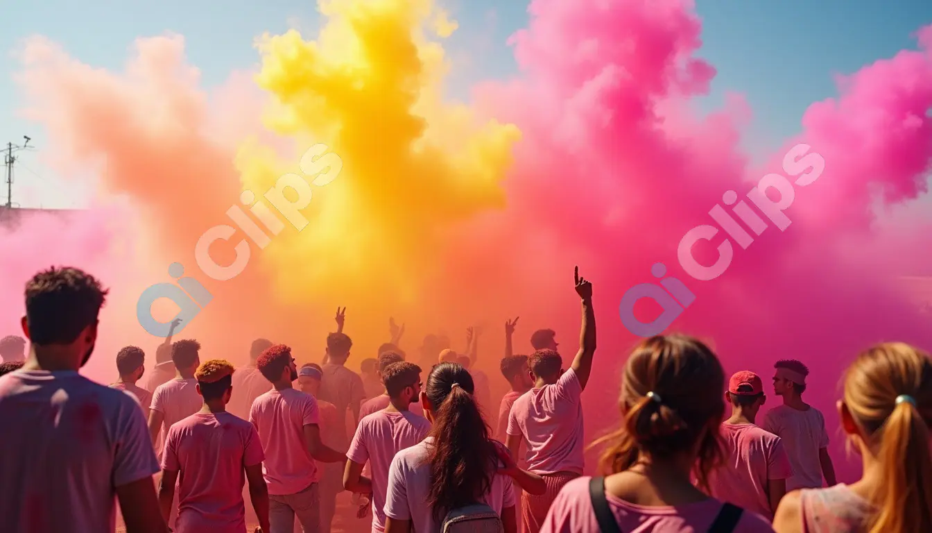 Holi Festival Crowd with Vibrant Clouds of Pink and Yellow Powder