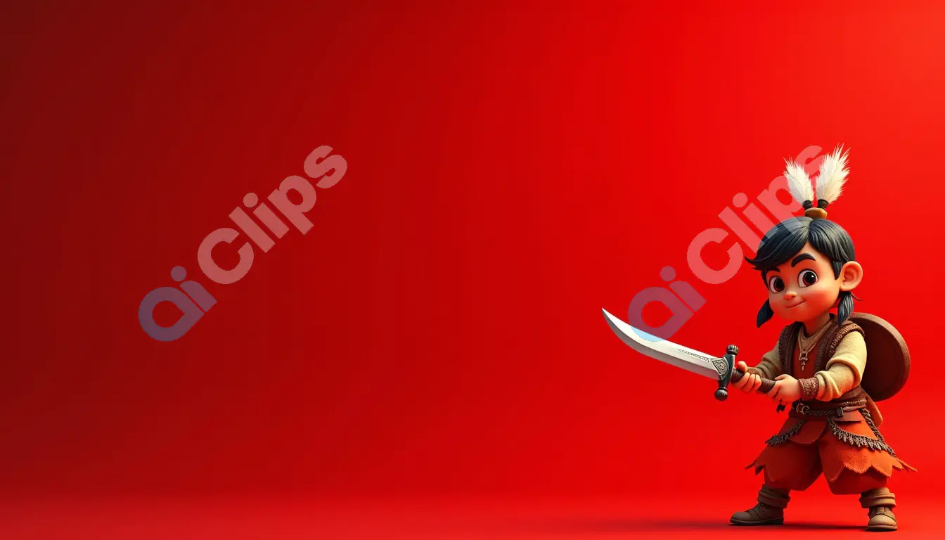 Cartoon Warrior Kid with Sword on Red Background