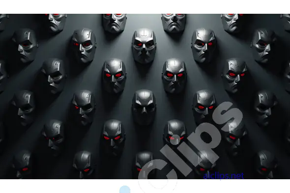 Row of Dark Robotic Masks with Red Eyes on Dark Background