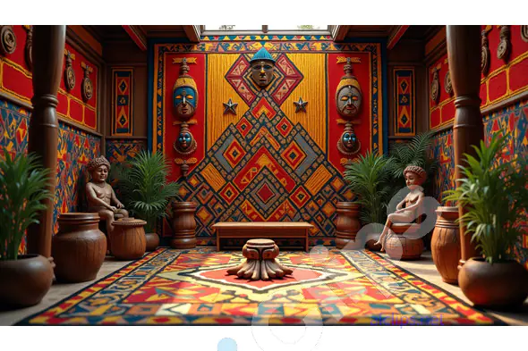 Traditional African Tribal Interior with Vibrant Cultural Artifacts