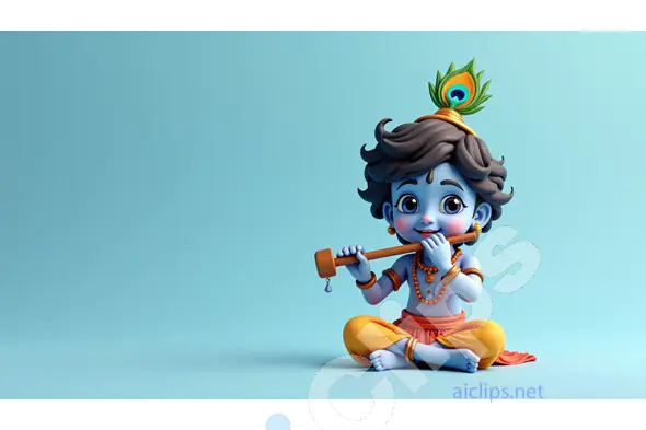 Playful Cartoon Krishna with Flute and Peacock Feather