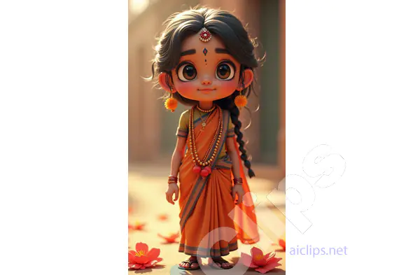 Adorable Cartoon Indian Girl in Traditional Orange Saree with Floral Accents