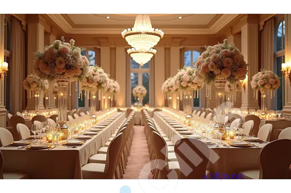 Elegant Wedding Banquet Hall with Floral Arrangements and Chandeliers