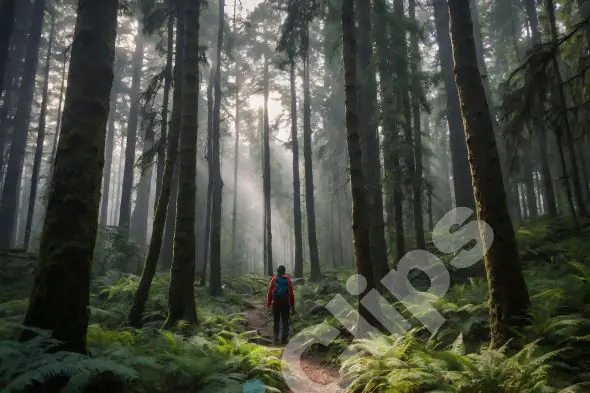 Solitary Hiker in Misty Forest