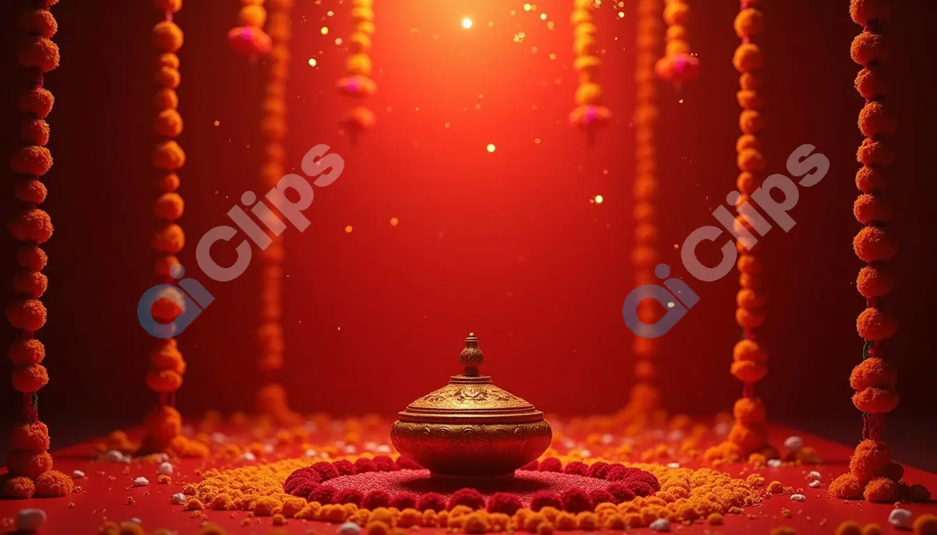 Traditional Kalash with Marigold Garlands on Red Background