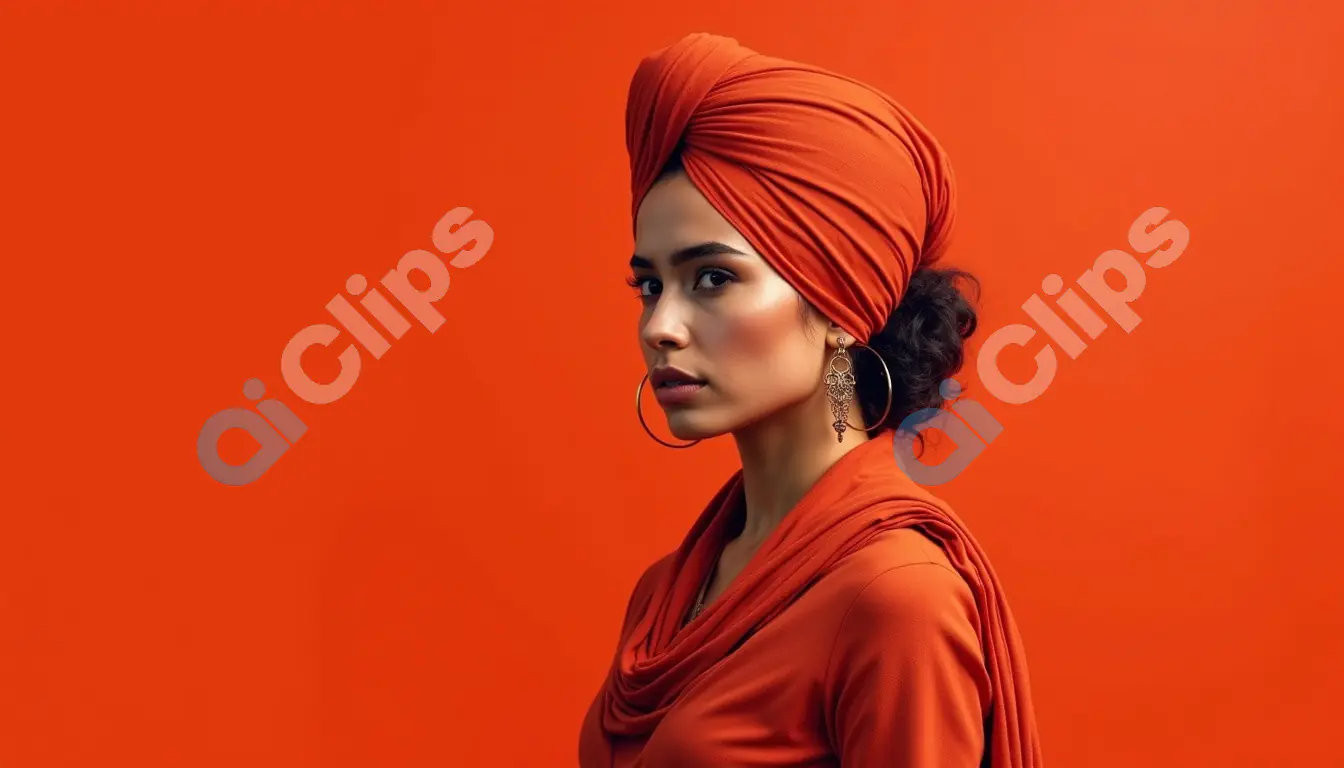 Stylish Woman in Orange Turban and Earrings on Vibrant Background