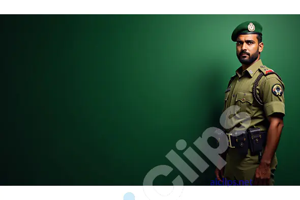 Indian Paramilitary Officer in Green Uniform on a Green Background