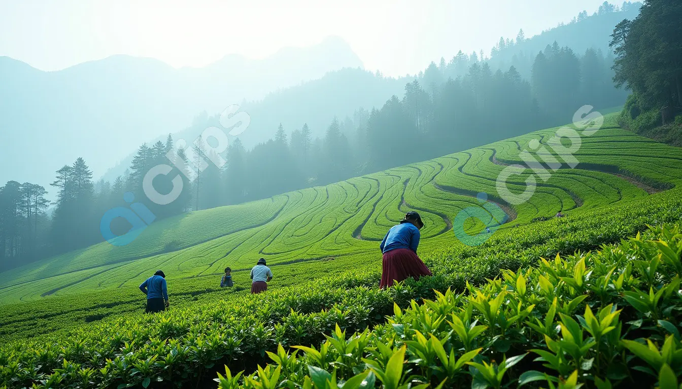 Tea Workers Harvesting in a Misty Plantation