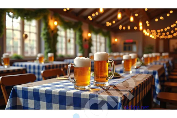 Bavarian Beer Hall with Beer Mugs on Checkered Tables
