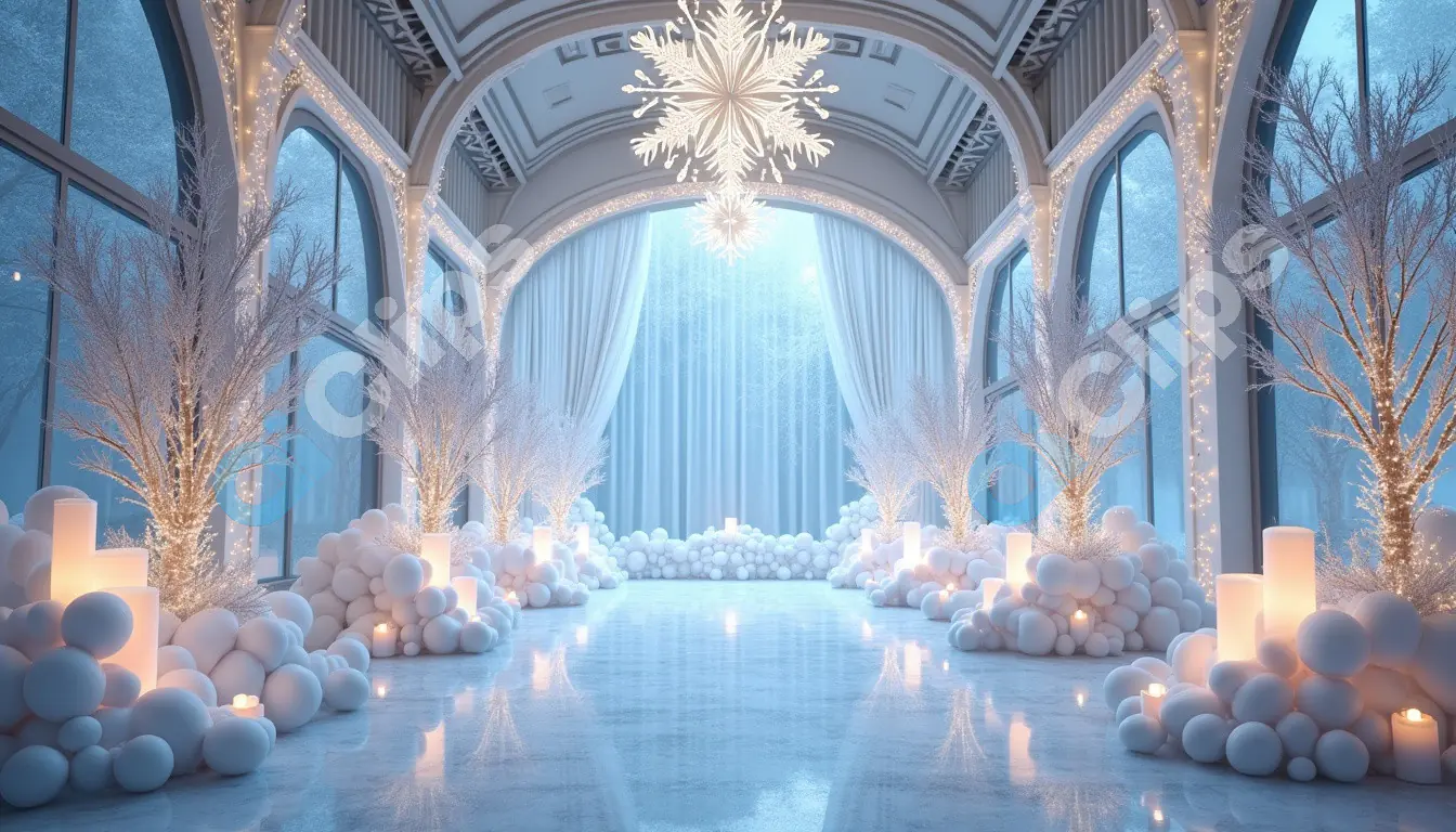 Winter Wonderland Event Hall with Snowy Decorations and Elegant Lighting