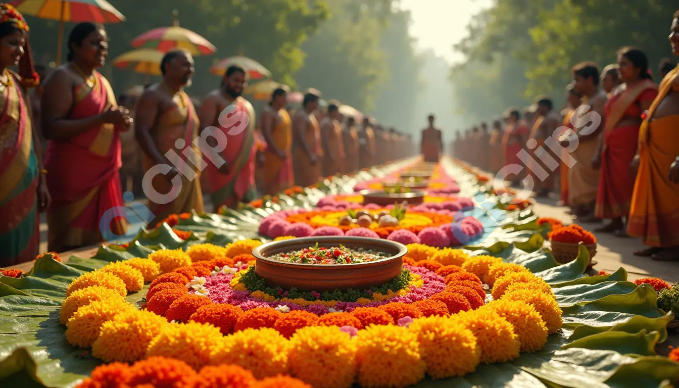Grand Onam Pookalam Celebration with Traditional Attire and Festivities