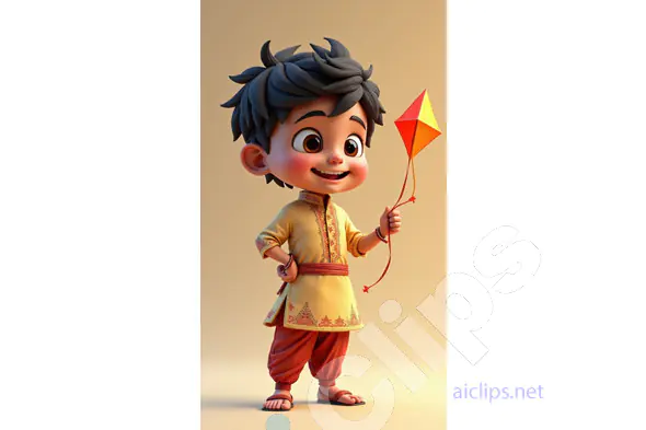 Joyful Cartoon Indian Boy with Kite in Traditional Kurta