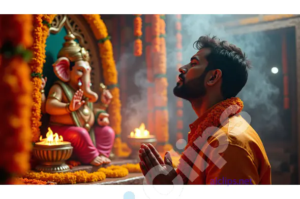 Devotee Praying to Lord Ganesha in a Sacred Temple