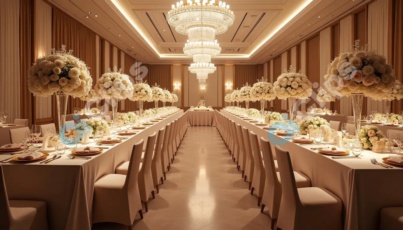 Luxurious Wedding Banquet Hall with White Floral Arrangements and Chandeliers