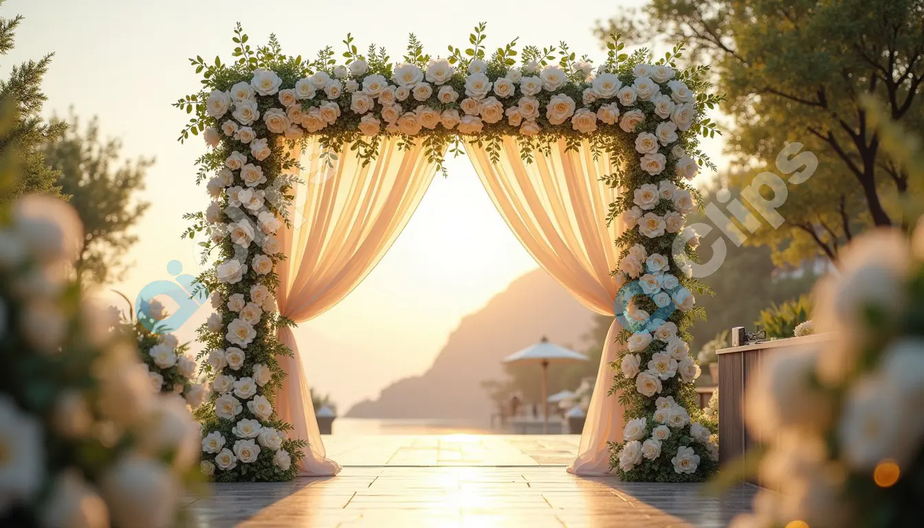 Elegant Outdoor Wedding Arch with White Roses at Sunset