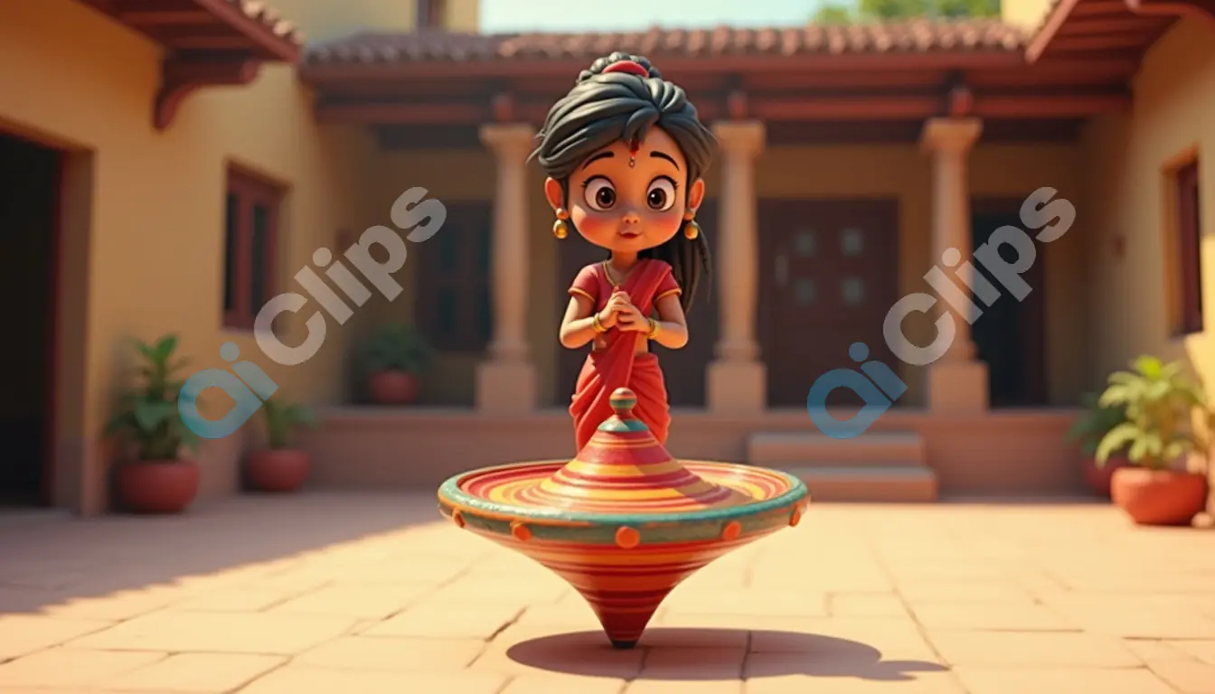 Curious Village Girl with Spinning Top - 3D Traditional Toy Illustration