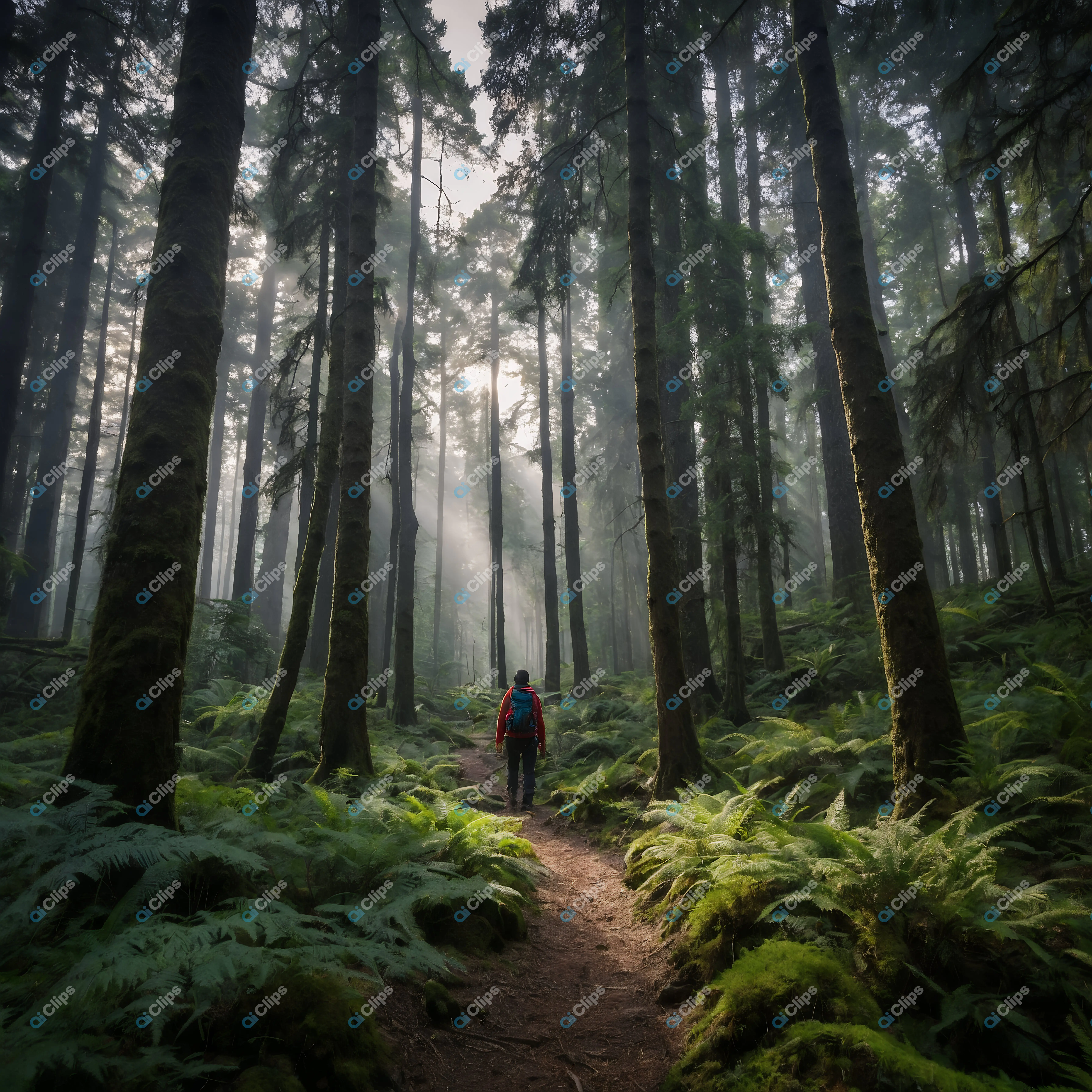 Solitary Hiker in Misty Forest