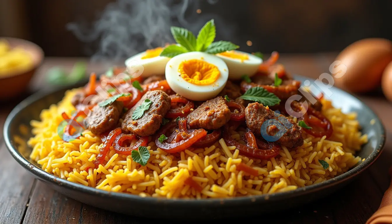 Delicious Indian Biryani with Meat and Egg