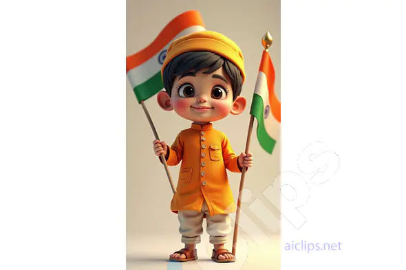 Patriotic Cartoon Indian Boy Holding National Flags