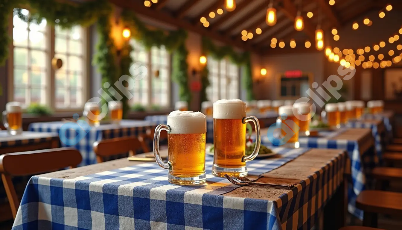 Bavarian Beer Hall with Beer Mugs on Checkered Tables