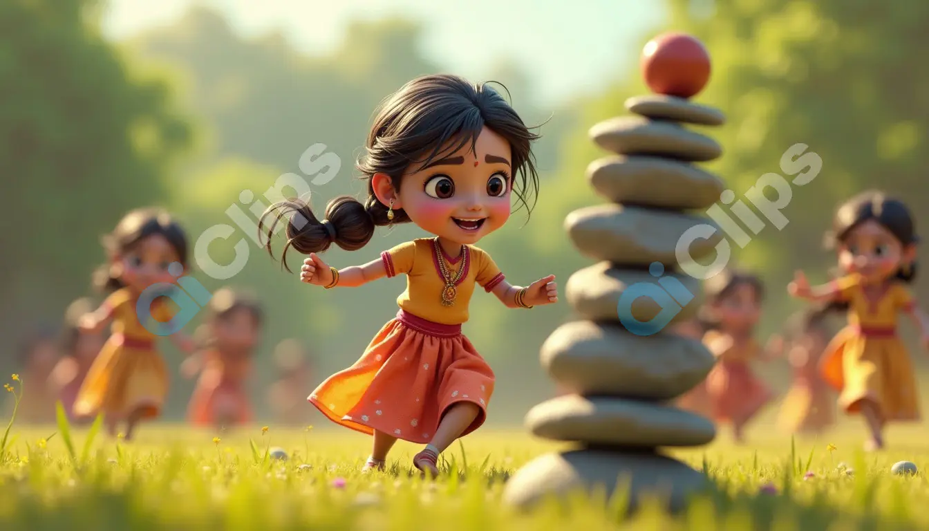 Village Girls Playing Lagori - 3D Cultural Heritage Illustration