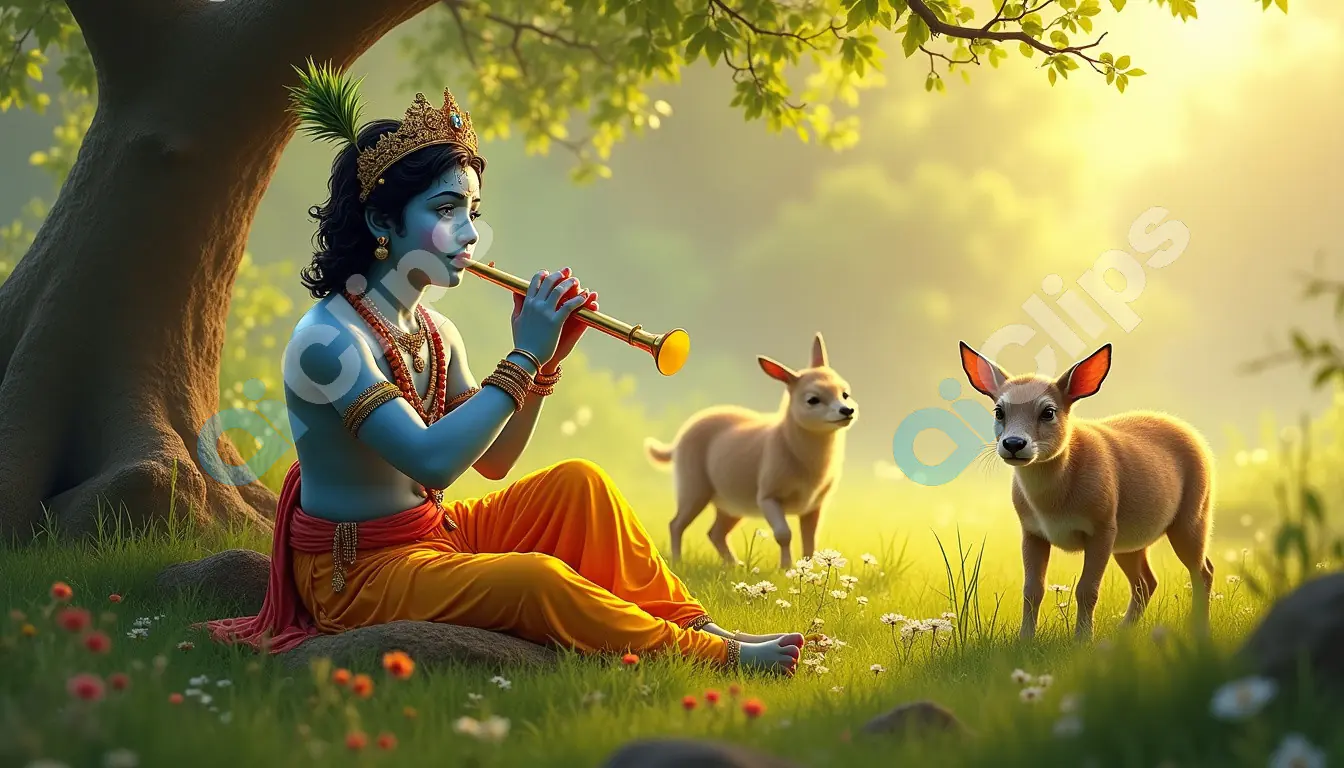 Lord Krishna Playing Flute in the Forest with Baby Deer