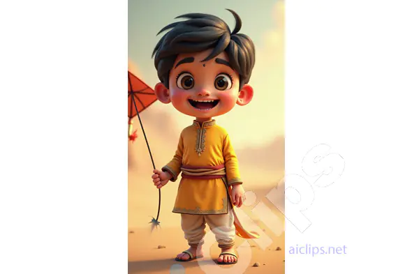 Cheerful Cartoon Indian Boy in Traditional Kurta Holding a Kite