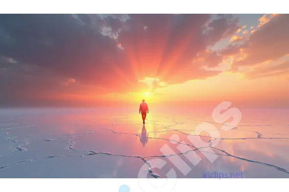 Solitary Figure Walking Toward a Radiant Sunset Over a Cracked Salt Plain
