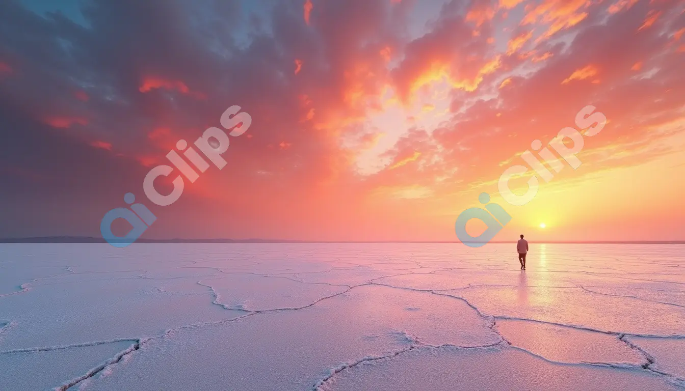 Lone Walker on Vast Salt Flat at Vibrant Sunset