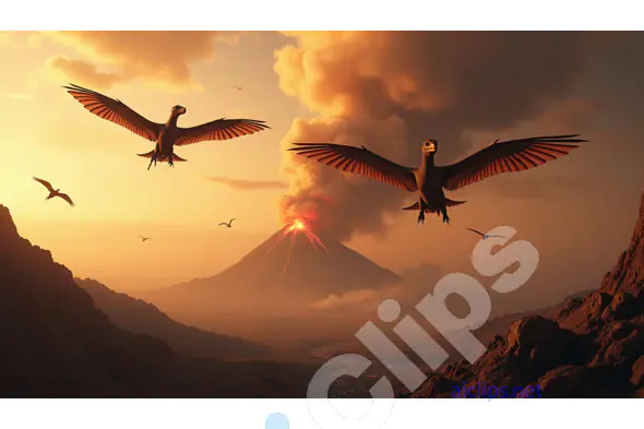 Prehistoric Birds Soaring Over an Erupting Volcano at Sunset