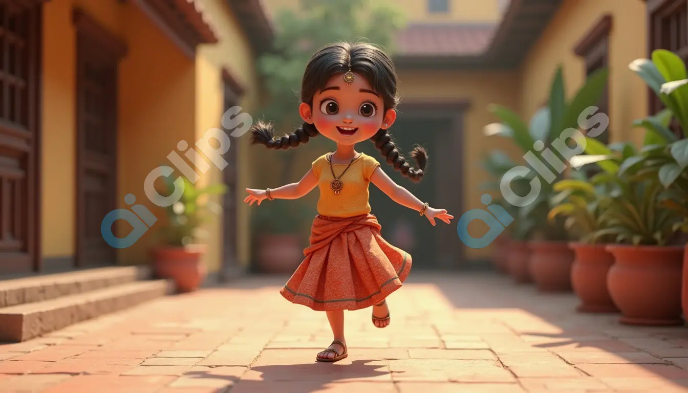 Joyful Village Girl Running in Courtyard - 3D Illustration