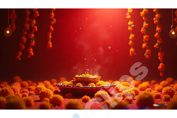 Festive Marigold Arrangement with Traditional Diyas on Red Background