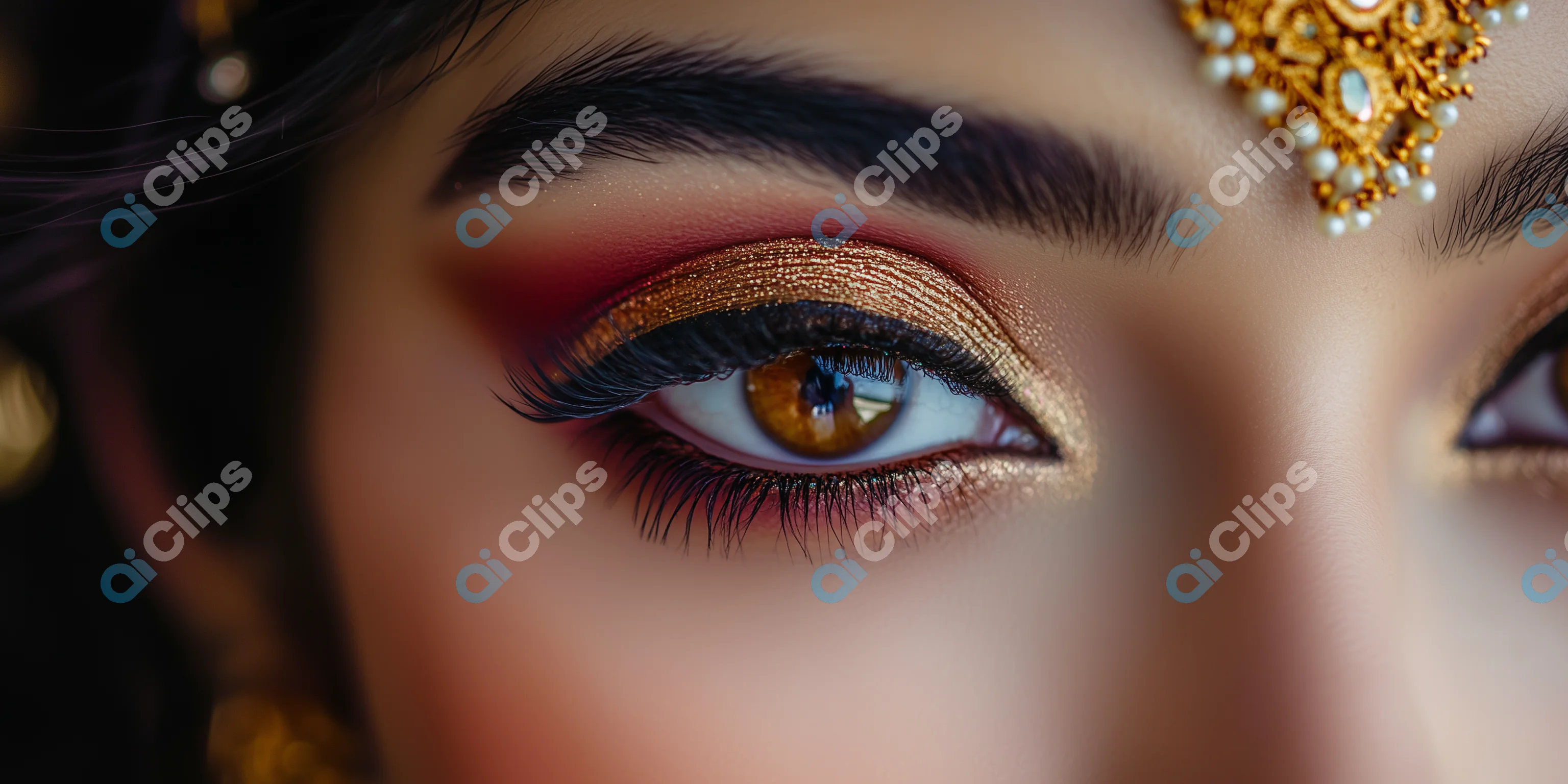 Elegant Eye with Gold Makeup and Traditional Jewelry