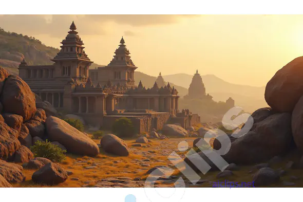 Sunset Over Ancient Indian Temples in Rocky Landscape