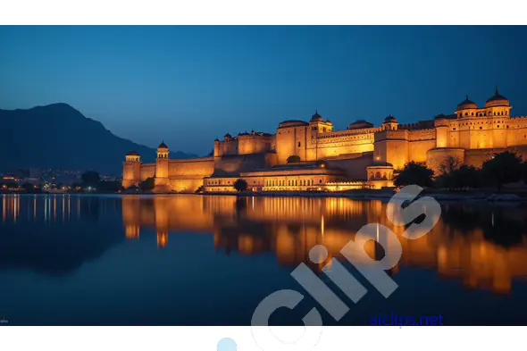 Amber Fort Illuminated at Night with Reflections on Maota Lake