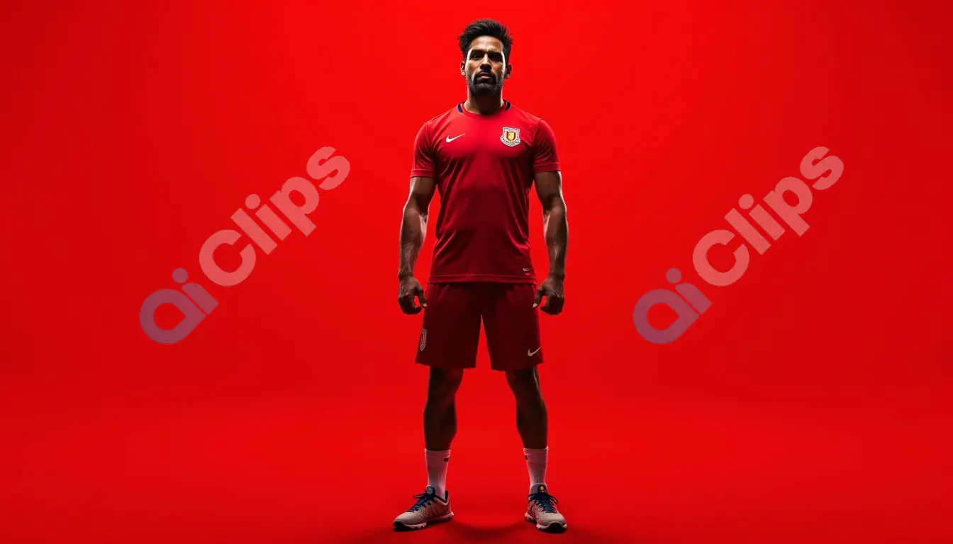 Determined Athlete in Full Red Sports Kit on Bold Red Background