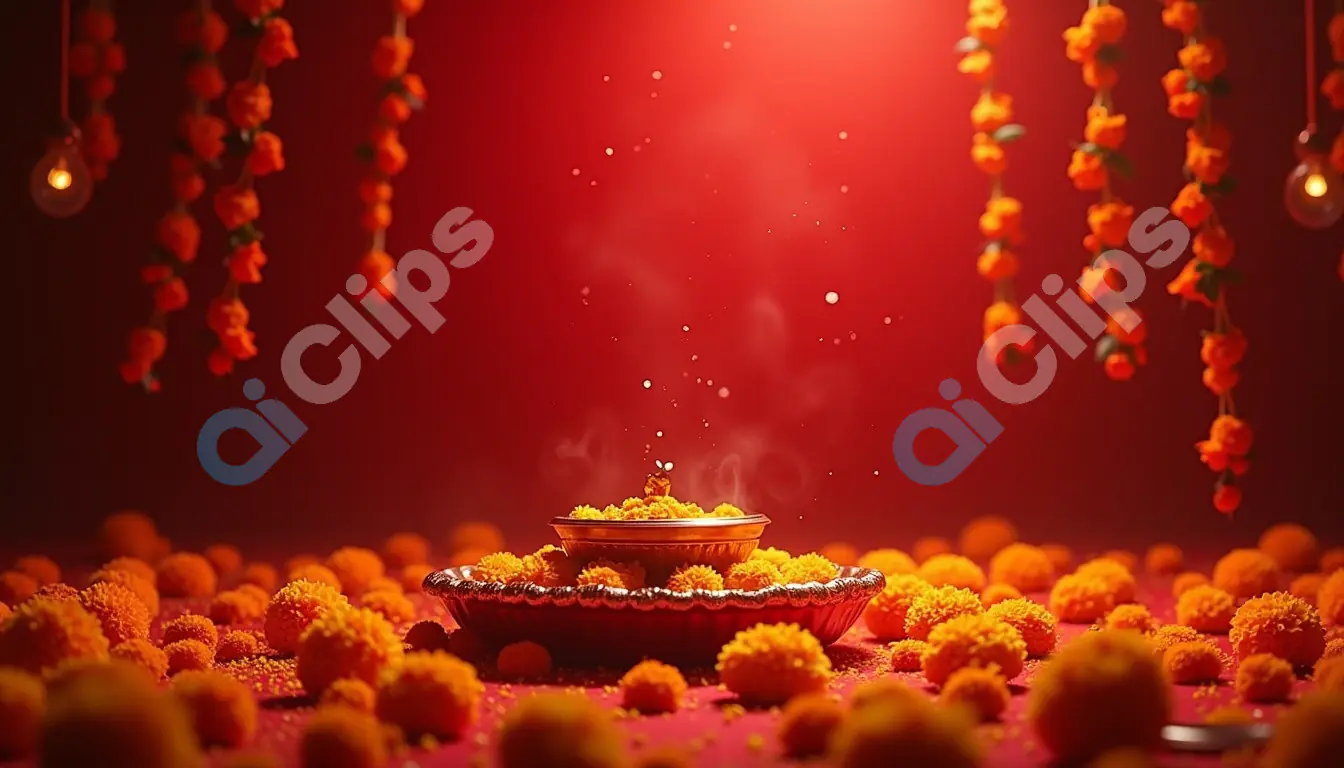 Festive Marigold Arrangement with Traditional Diyas on Red Background